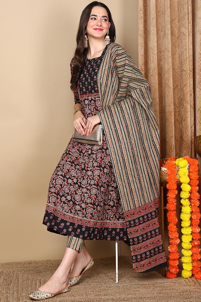 Black Cotton Floral Printed Flared Style Suit Set