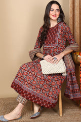 Maroon Cotton Floral Printed Flared Suit Set