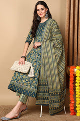 Green Cotton Floral Printed Flared Suit Set
