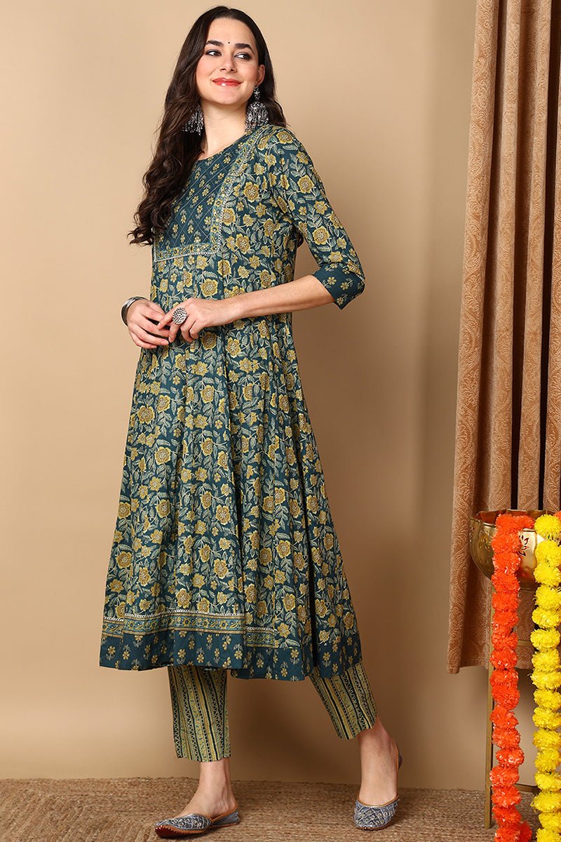 Green Cotton Floral Printed Flared Suit Set