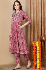 Pink Cotton Ethnic Motifs Printed Flared Suit Set