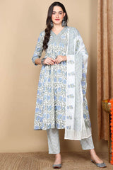 White Cotton Floral Printed Flared Suit Set