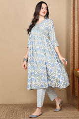 White Cotton Floral Printed Flared Suit Set