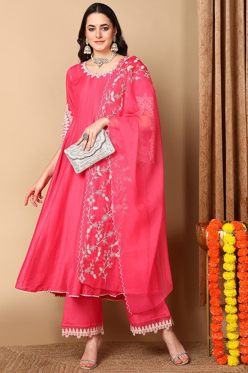 Pink Silk Blend Solid Embroidered Flared Suit Set