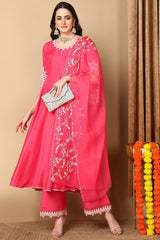 Pink Silk Blend Solid Embroidered Flared Suit Set