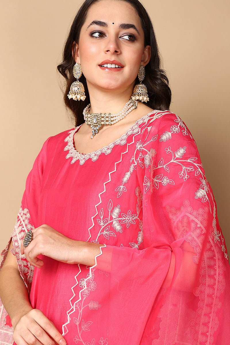 Pink Silk Blend Solid Embroidered Flared Suit Set