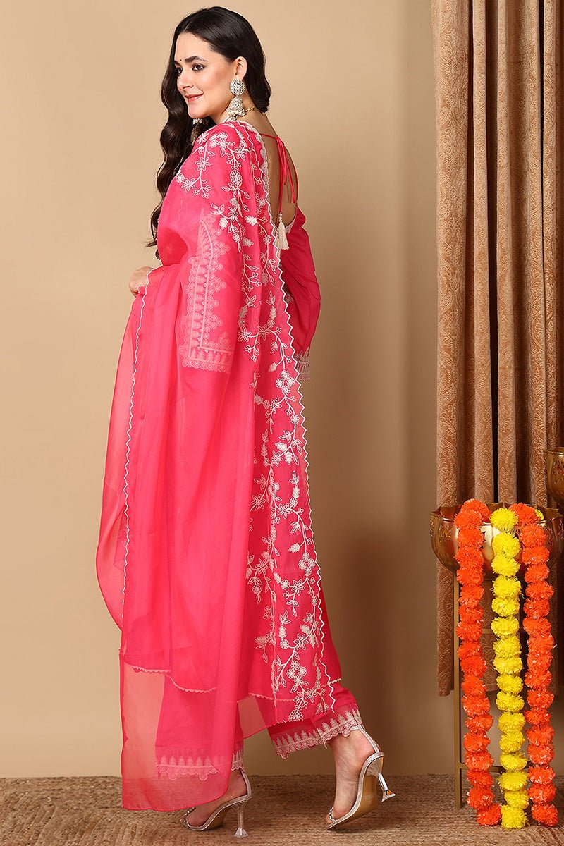 Pink Silk Blend Solid Embroidered Flared Suit Set