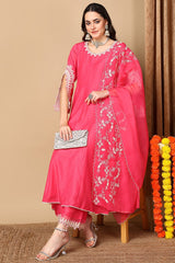 Pink Silk Blend Solid Embroidered Flared Suit Set