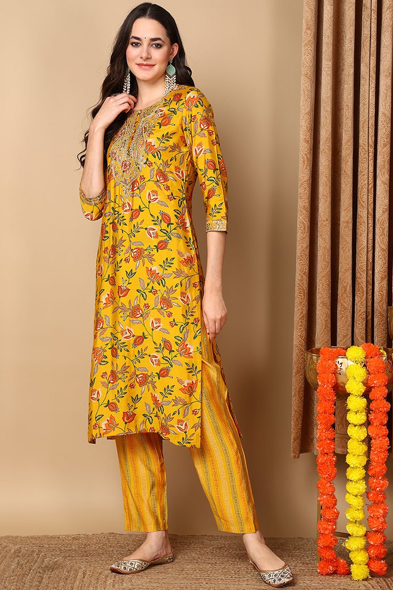 Yellow Silk Blend Floral Printed Straight Style Suit Set