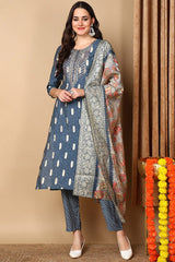 Blue Silk Blend Ethnic Motifs Embroidered Straight Suit Set