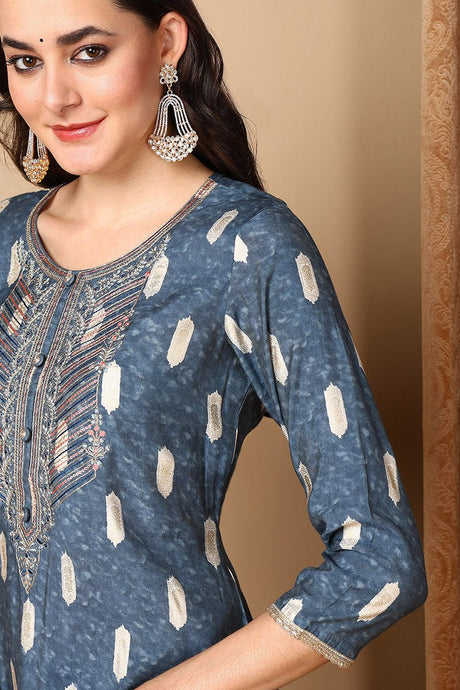 Blue Silk Blend Ethnic Motifs Embroidered Straight Suit Set