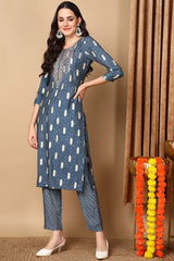 Blue Silk Blend Ethnic Motifs Embroidered Straight Suit Set