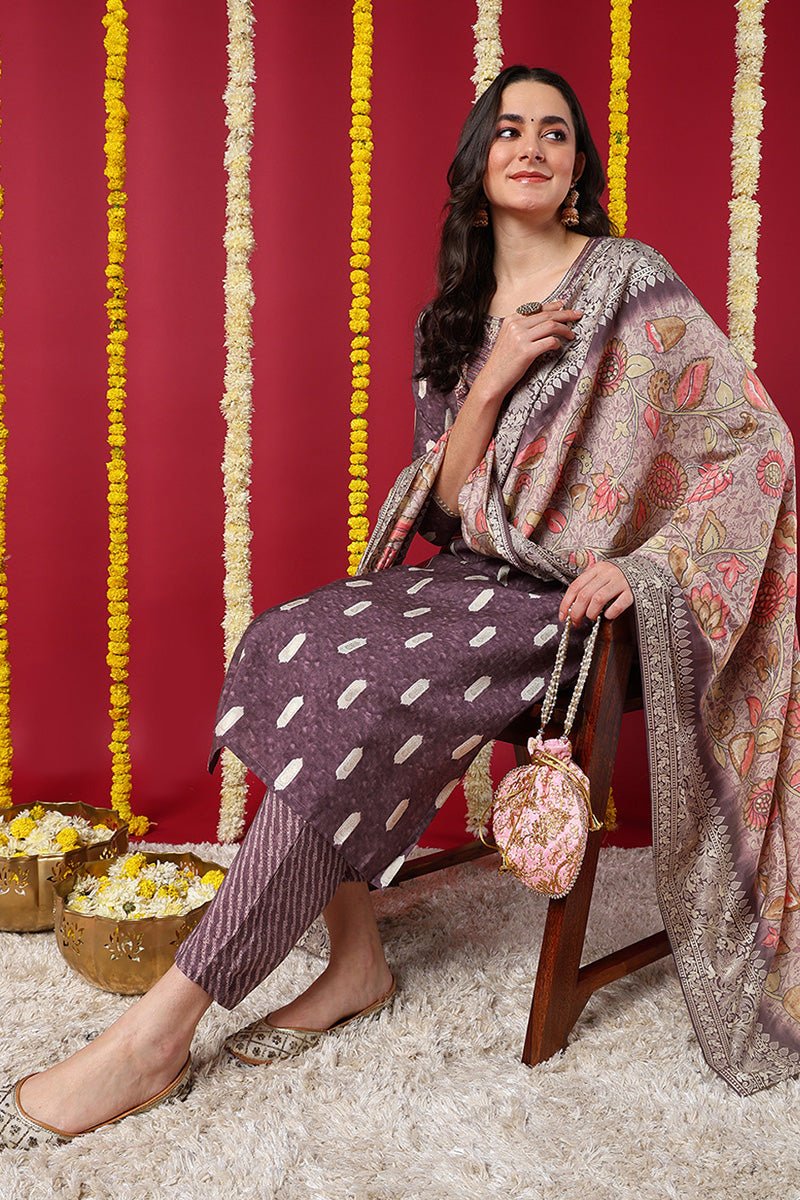 Mauve Silk Blend Ethnic Motifs Embroidered Straight Suit Set