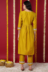 Yellow Silk Blend Solid Embroidered Flared Kurta Set