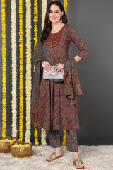 Maroon Cotton Ethnic Motifs Printed A-Line Suit Set