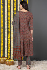 Maroon Cotton Ethnic Motifs Printed A-Line Suit Set