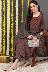 Maroon Cotton Ethnic Motifs Printed A-Line Suit Set