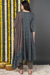 Teal Cotton Ethnic Motifs Printed A-Line Suit Set