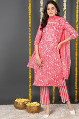Pink Rayon Blend Floral Printed Straight Suit Set