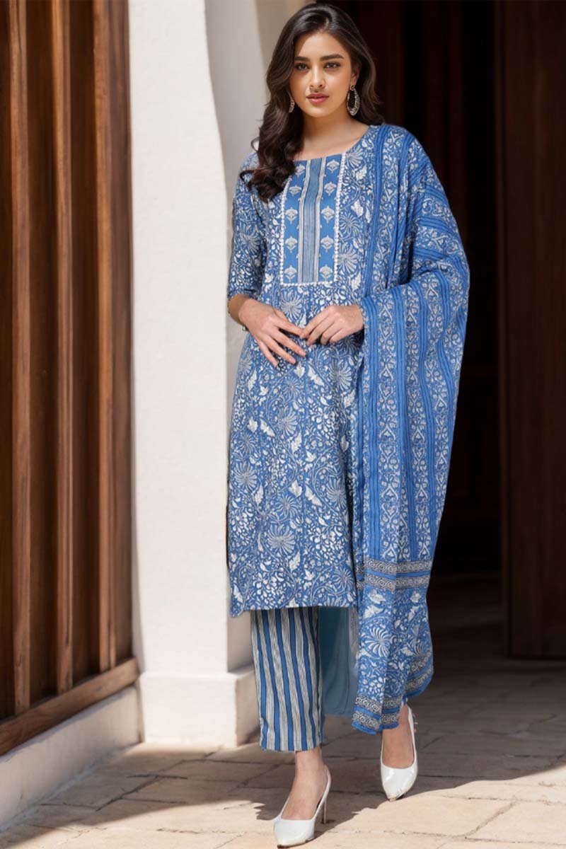 Blue Rayon Blend Floral Printed Straight Suit Set