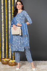 Blue Rayon Blend Floral Printed Straight Suit Set