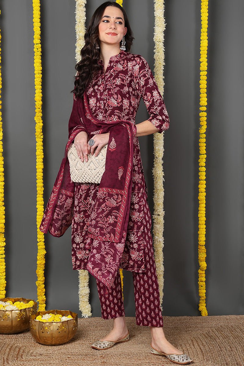 Maroon Rayon Blend Floral Printed Straight Suit Set