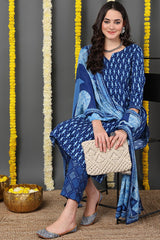 Blue Rayon Blend Ethnic Motifs Printed Straight Suit Set