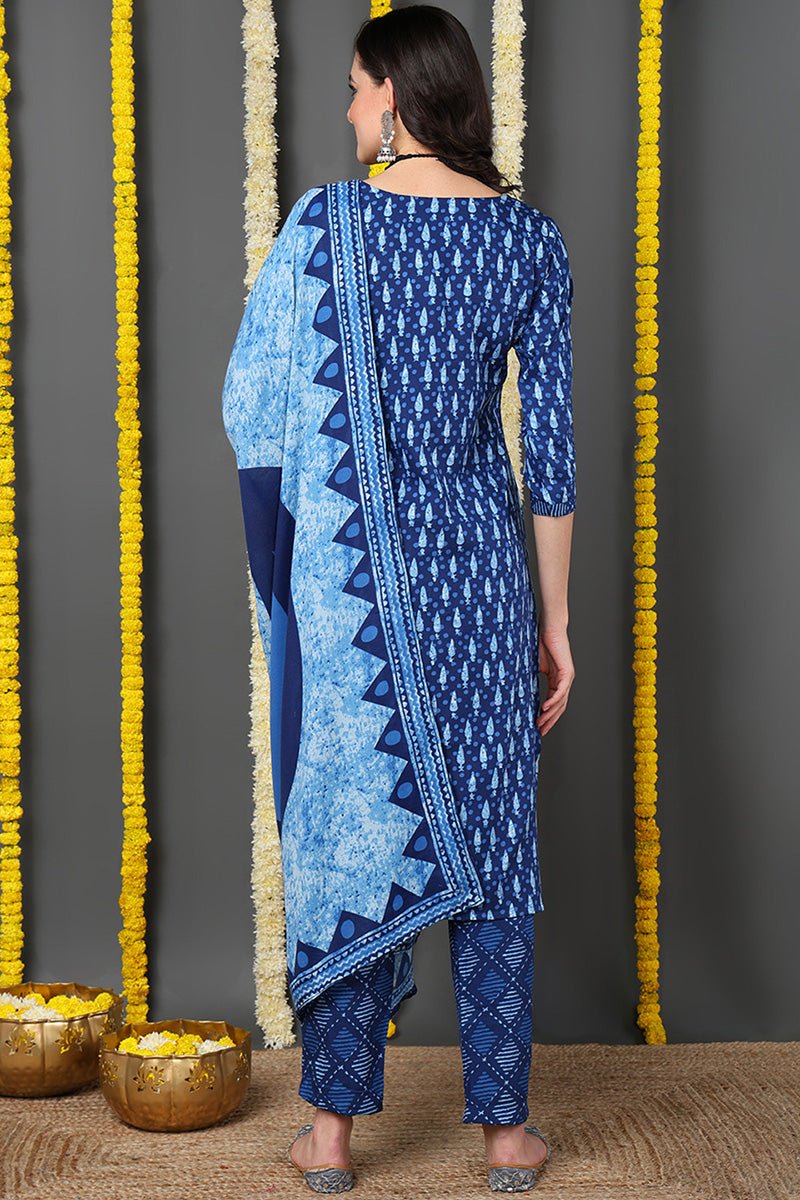 Blue Rayon Blend Ethnic Motifs Printed Straight Suit Set