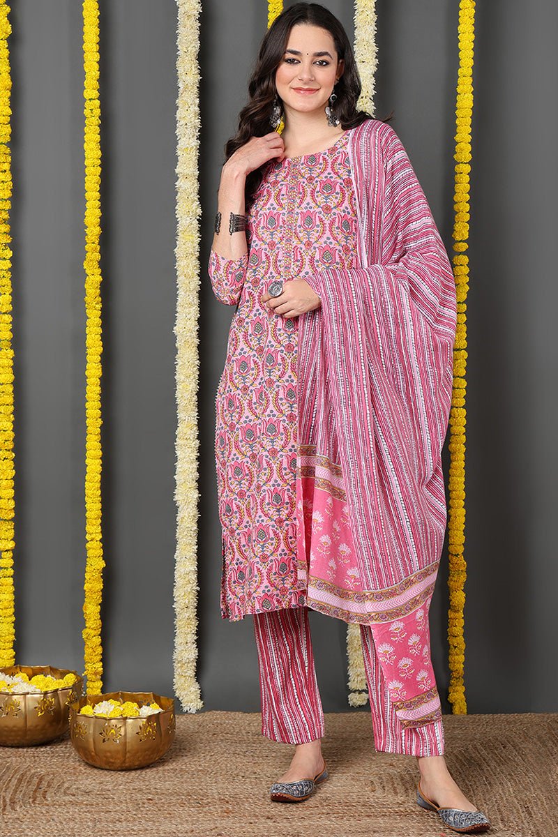 Pink Rayon Blend Ethnic Motifs Printed Straight Suit Set