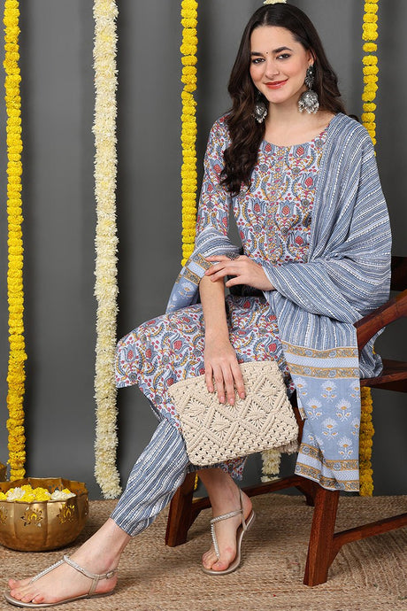 Grey Rayon Blend Ethnic Motifs Printed Straight Suit Set