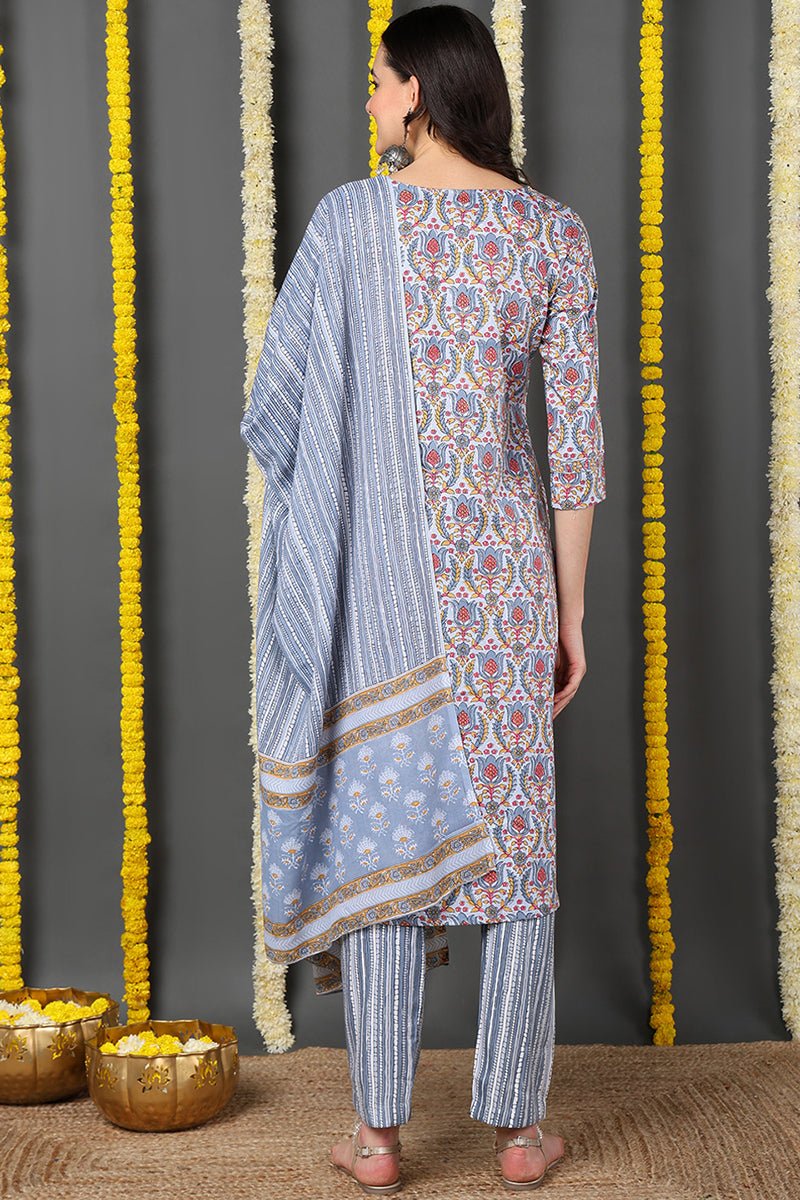 Grey Rayon Blend Ethnic Motifs Printed Straight Suit Set