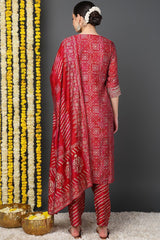 Maroon Silk Blend Ethnic Motifs Printed Straight Suit Set