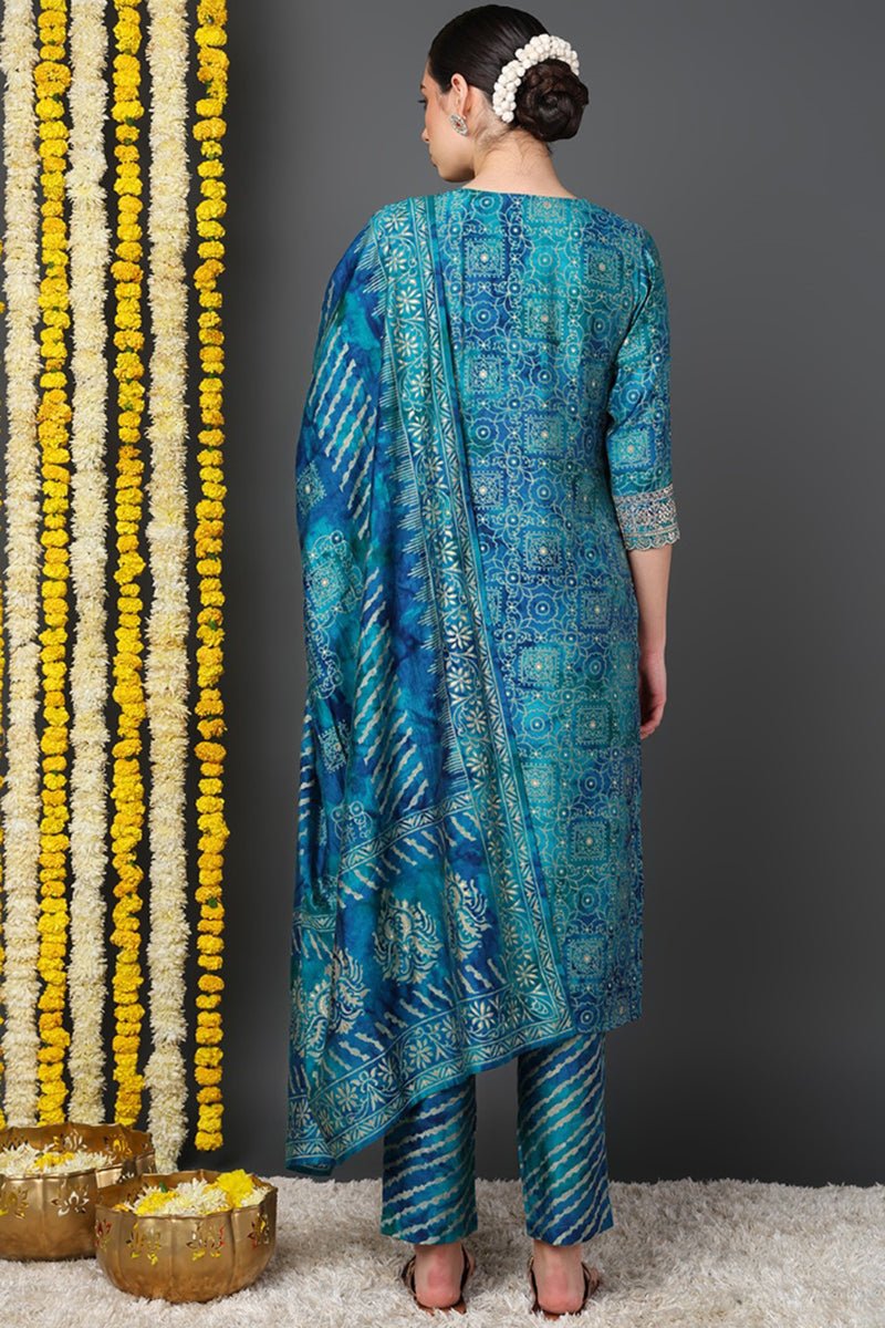 Teal Silk Blend Ethnic Motifs Printed Straight Suit Set