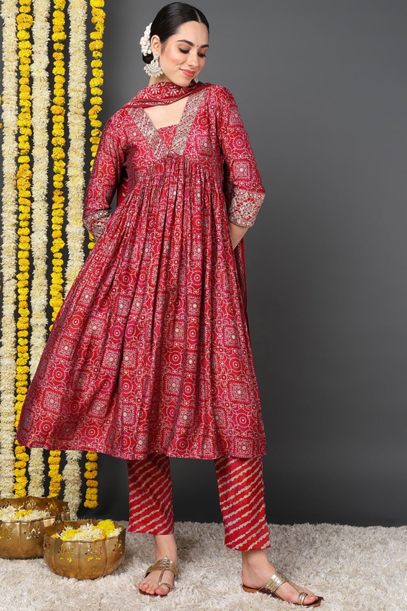 Maroon Silk Blend Ethnic Motifs Printed Flared Suit Set