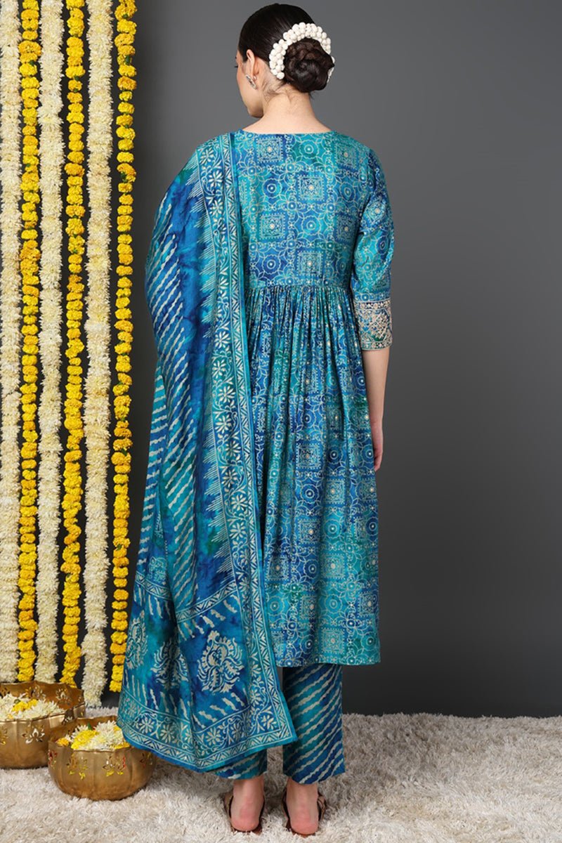 Teal Silk Blend Ethnic Motifs Printed Flared Suit Set