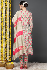 Beige Cotton Floral Yoke Design Flared Suit Set