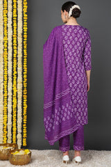 Violet Rayon Blend Ethnic Motifs Printed Straight Suit Set
