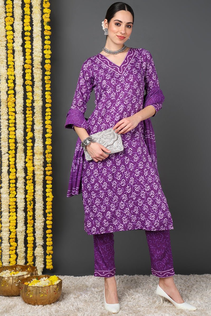Violet Rayon Blend Ethnic Motifs Printed Straight Suit Set