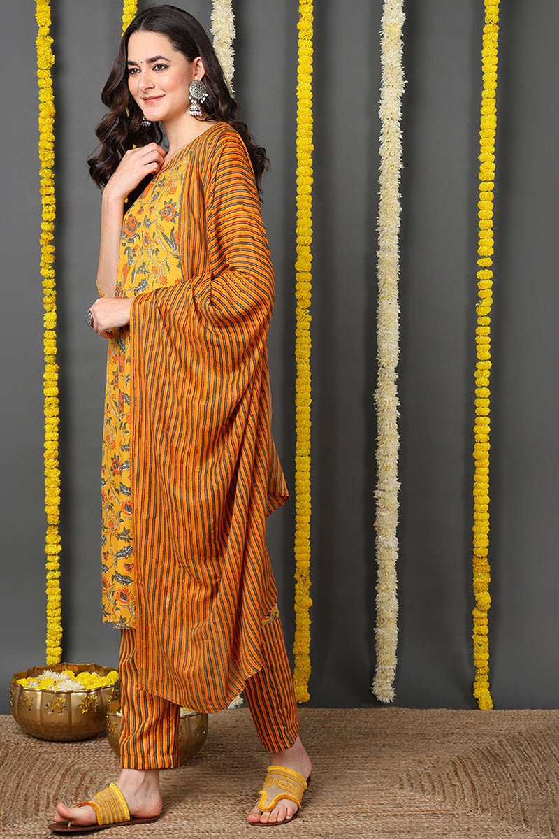 Yellow Viscose Rayon Floral Printed Straight Suit Set