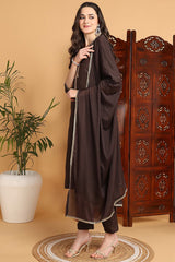 Brown Silk Blend Solid Embroidered Straight Suit Set