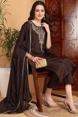 Brown Silk Blend Solid Embroidered Straight Suit Set