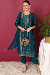 Teal Silk Blend Ethnic Motifs Woven Design Straight Suit Set