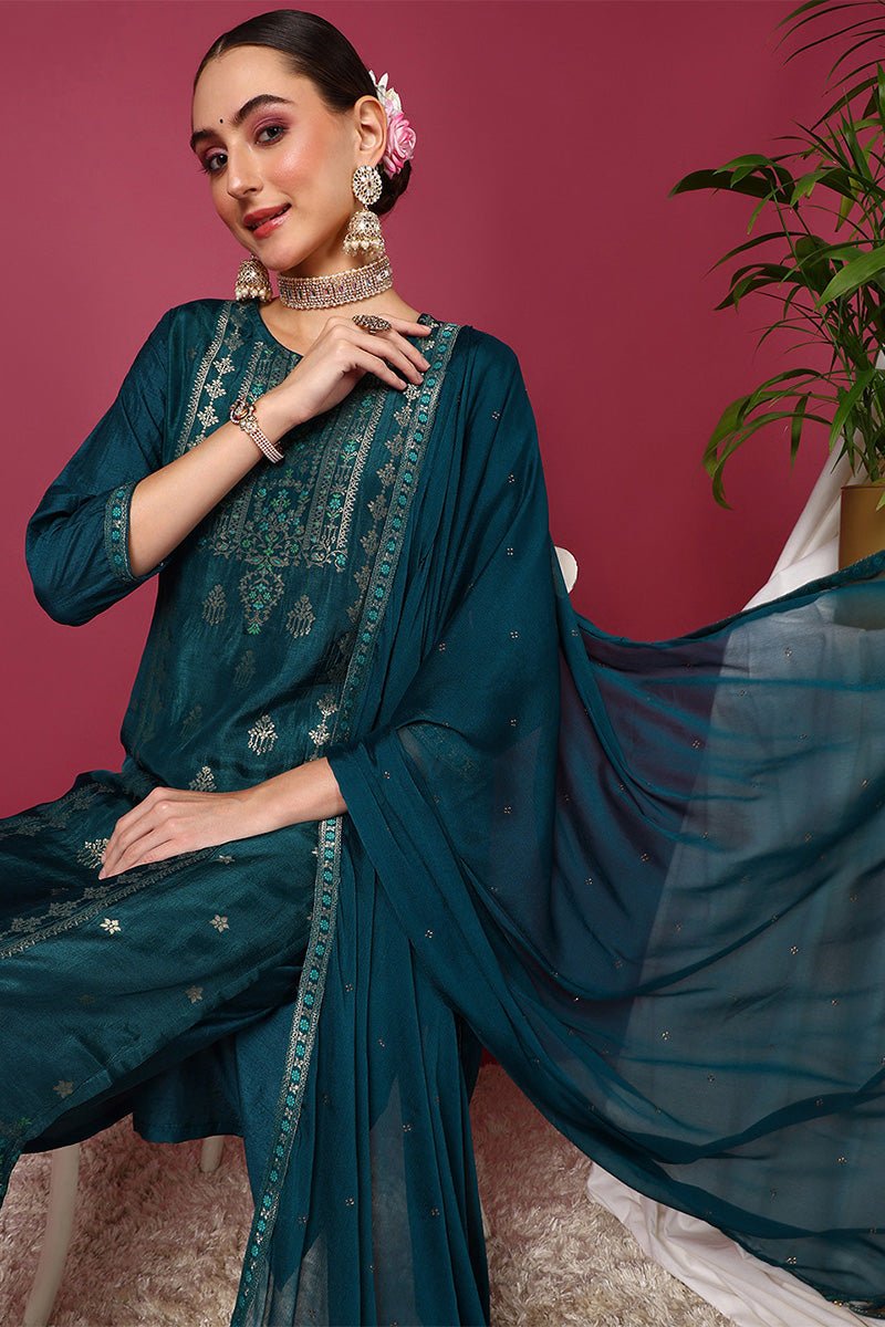 Teal Silk Blend Ethnic Motifs Woven Design Straight Suit Set