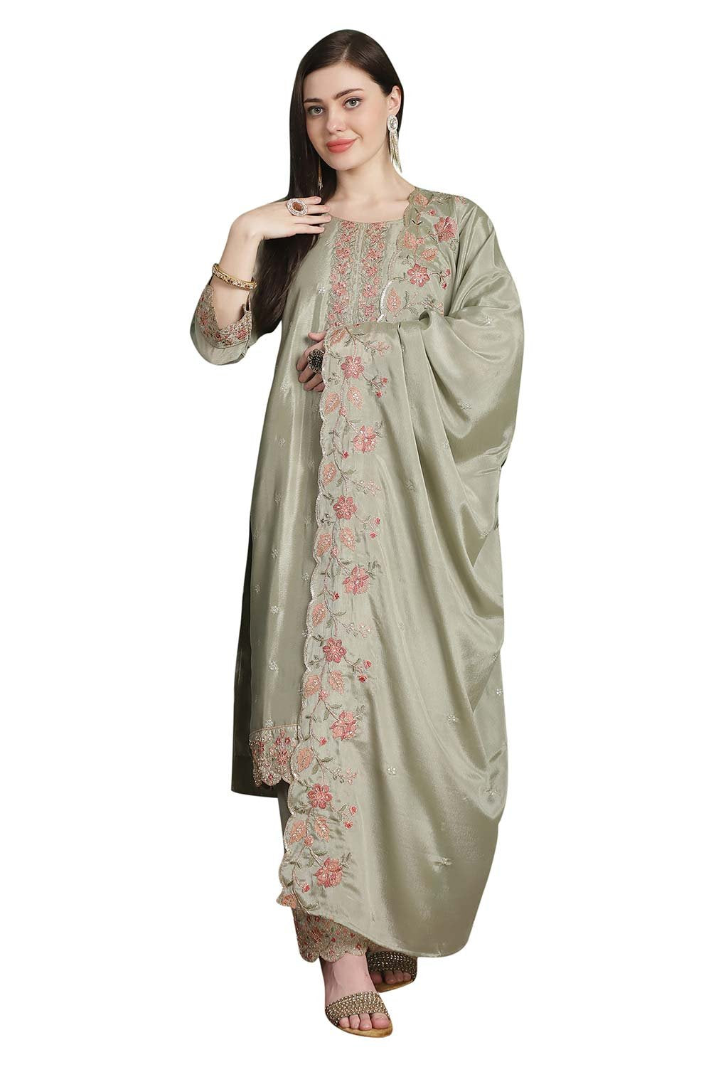 Olive Chinon Chiffon Embroidered Dress Material