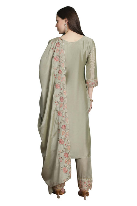 Olive Chinon Chiffon Embroidered Dress Material