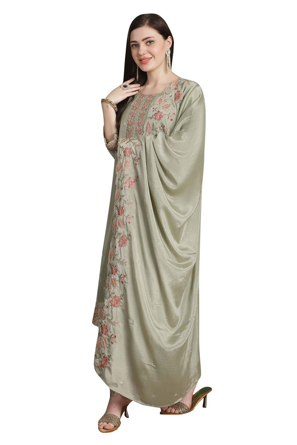 Olive Chinon Chiffon Embroidered Dress Material