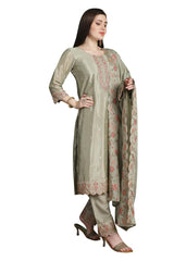 Olive Chinon Chiffon Embroidered Dress Material