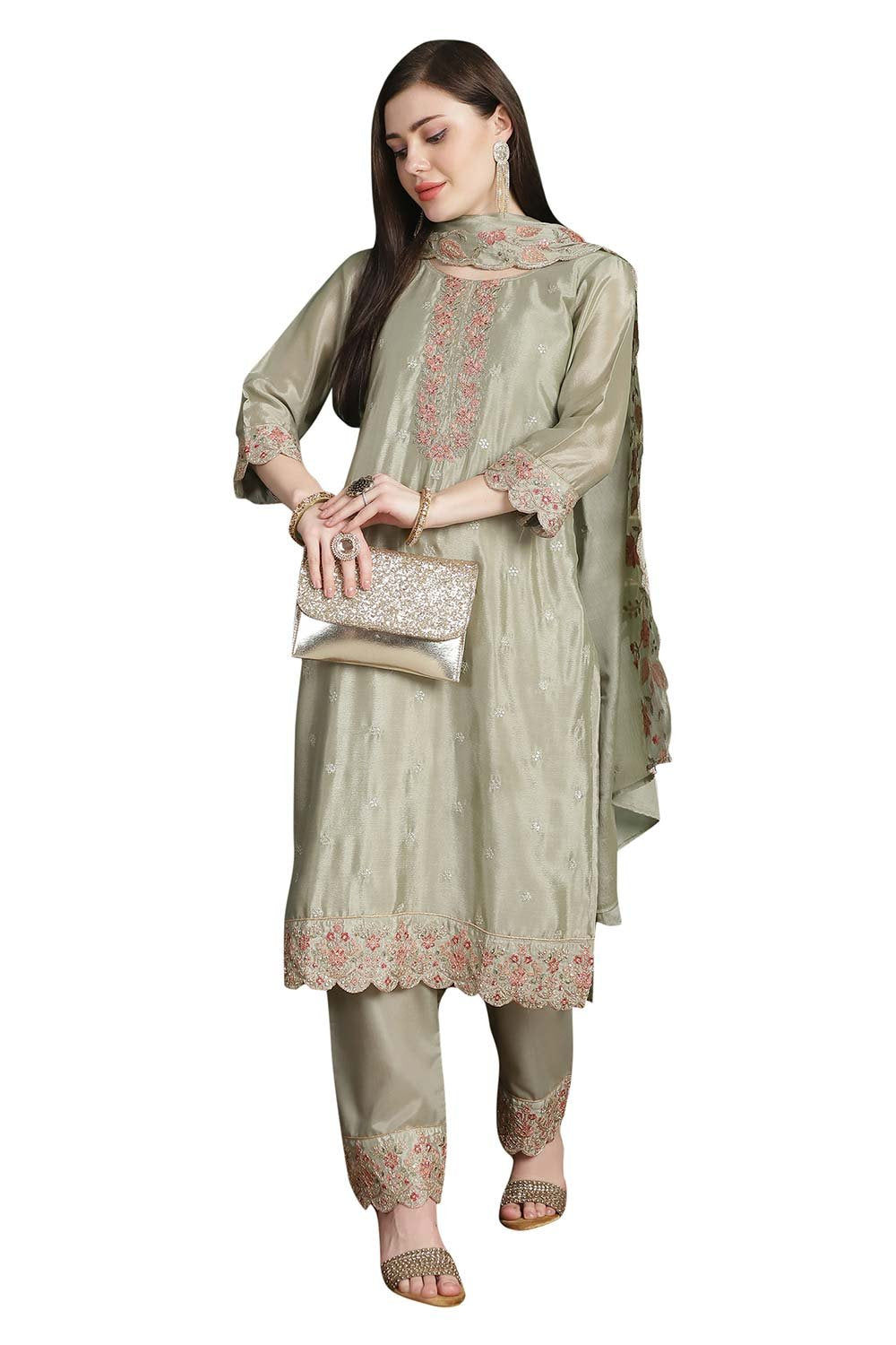 Olive Chinon Chiffon Embroidered Dress Material