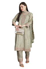 Olive Chinon Chiffon Embroidered Dress Material