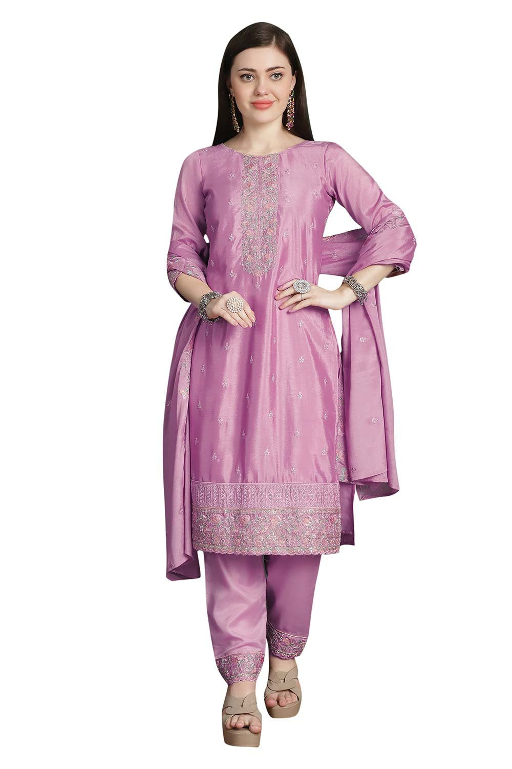 Pink Chinon Chiffon Embroidered Dress Material